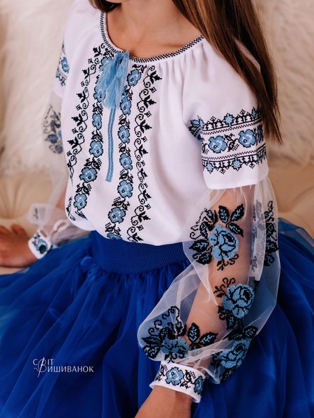 Блуза вишита дитяча "Блакитні троянди" рукав євросітка Д515 фото