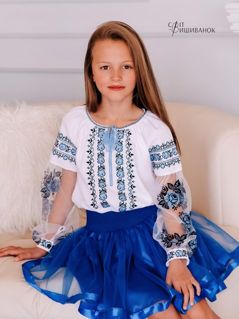 Блуза вишита дитяча "Блакитні троянди" рукав євросітка Д515 фото