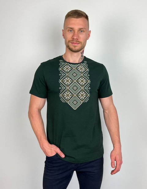 Чоловіча футболка вишиванка “Поліська зірка”, темно-зелена 1880864846 фото