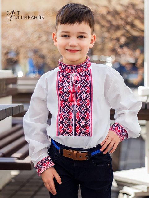 Вишиванка для хлопчика,біла,бавовна,етнічний орнамент червоний Д605 фото