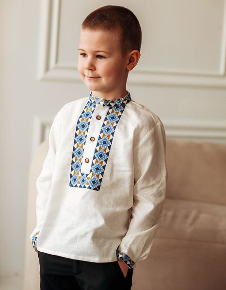 Сорочка вишита для хлопчика з синім етнічним орнаментом Д618 фото