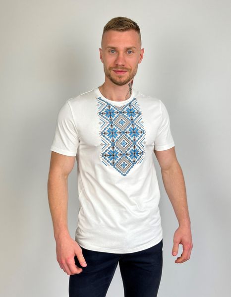 Чоловіча футболка з вишивкою «Поліська зірка», синя вишивка, молочна 2129077207 фото