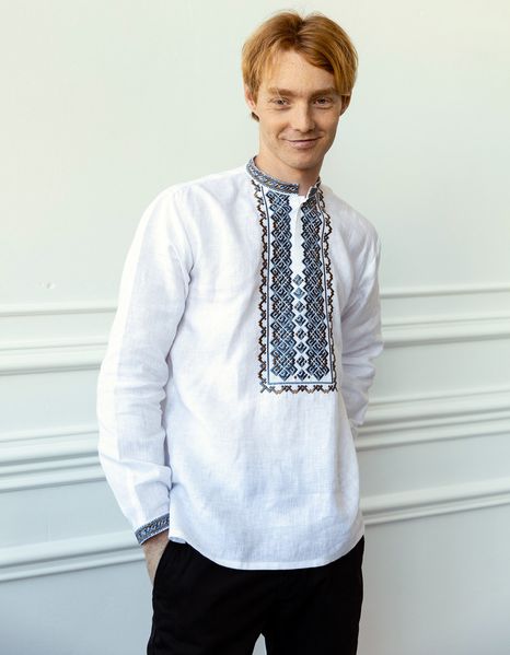 Чоловіча вишита сорочка на білому льоні з геометричним орнаментом 2145330654 фото