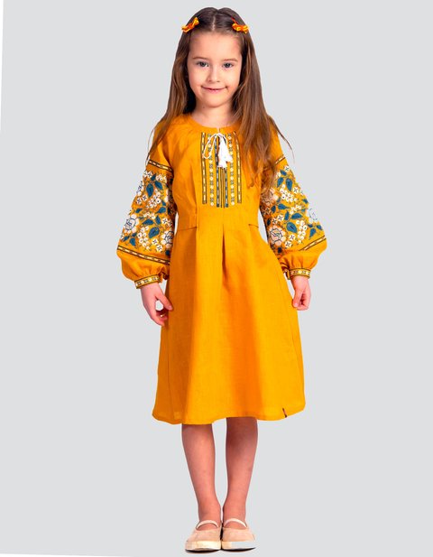 Дитяча вишита сукня на льоні гірчичного кольору 2139880326 фото