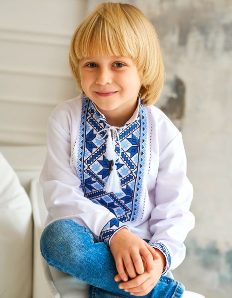 Вишиванка для хлопчика з натуральної тканини, синя вишивка 2140296614 фото