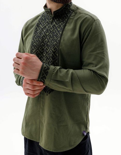 Чоловіча вишита сорочка з льону у кольорі хакі 2176146330 фото